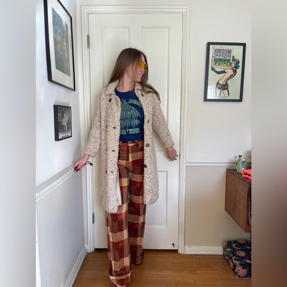 60s Vintage Collared Beige Knit Sweater Coat  w Double Breasted Buttons